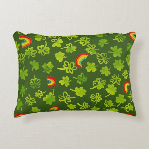 Shamrocks and Rainbows Watercolor Green Irish Accent Pillow