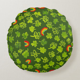 Shamrocks and Rainbows Watercolor Green Irish Round Pillow