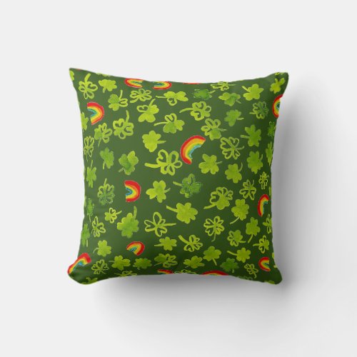 Shamrocks and Rainbows Watercolor Green Irish Throw Pillow