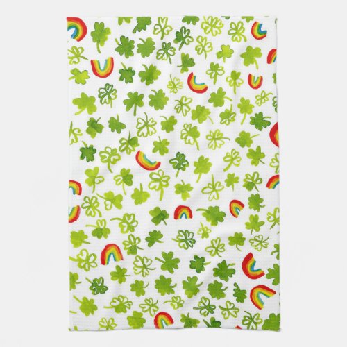 Shamrocks and Rainbows Watercolor Ireland Kitchen Towel