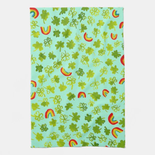 Shamrocks and Rainbows Watercolor Ireland Kitchen Towel