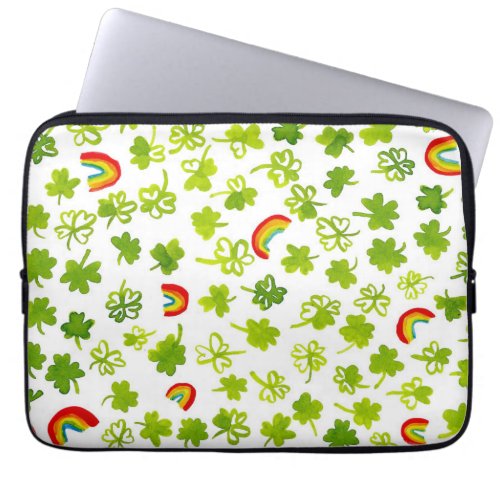 Shamrocks and Rainbows Watercolor Pattern Irish Laptop Sleeve