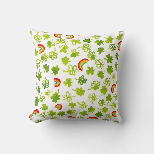 Shamrocks and Rainbows Watercolor Pattern Irish Throw Pillow