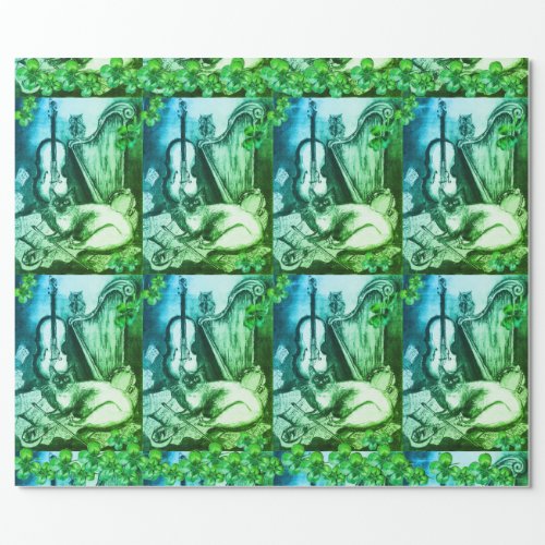 Shamrocks and StPatricks Day Cat Making Music Wrapping Paper