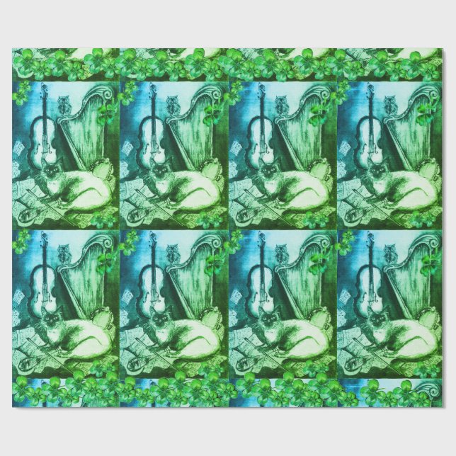 Shamrocks and St.Patrick's Day Cat Making Music Wrapping Paper (Flat)