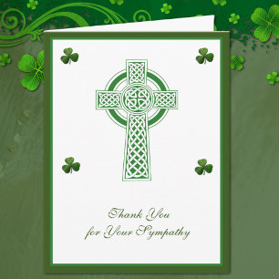 Shamrocks Catholic Irish Celtic Cross Condolence Letterpress Thank You Card