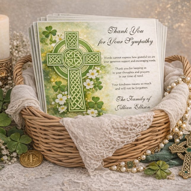 Shamrocks Catholic Irish Celtic Cross Condolence Thank You Card (Creator Uploaded)