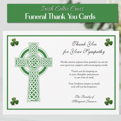 Shamrocks Catholic Irish Celtic Cross Condolence  Thank You Card