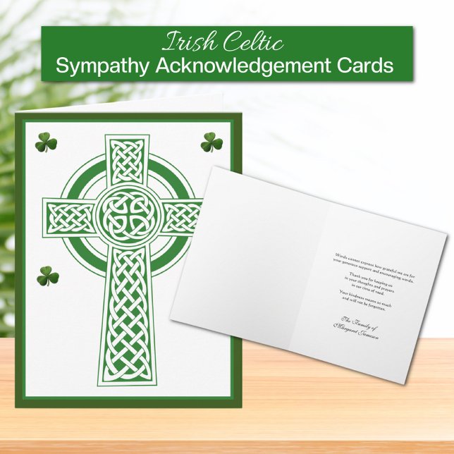 Shamrocks Catholic Irish Celtic Cross Condolence Thank You Card (Irish Celtic Cross with Shamrocks Funeral Sympathy Acknowledgement Cards)