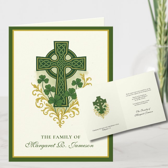 Shamrocks Catholic Irish Celtic Cross Condolence Thank You Card (Creator Uploaded)