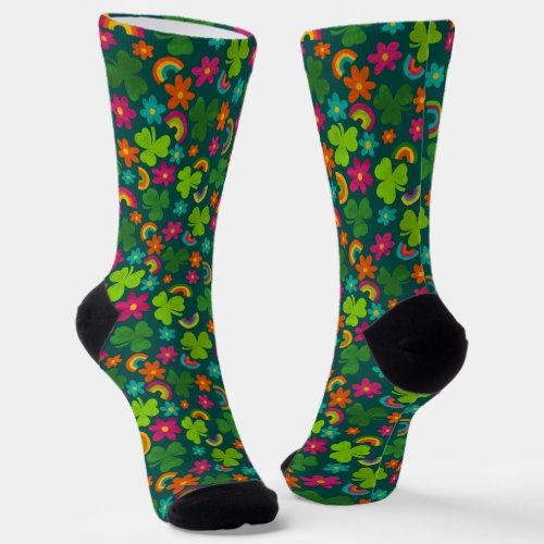 Shamrocks Flowers and Rainbows St Patricks Day Socks