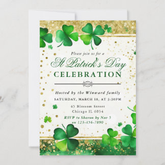 Shamrocks & Gold Glitter Accents St Patrick's Day Invitation