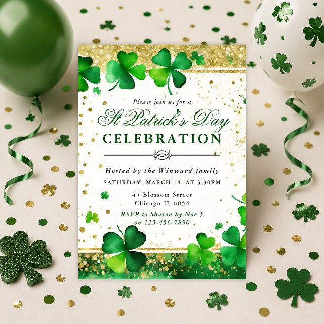 Shamrocks & Gold Glitter Accents St Patrick's Day Invitation (Creator Uploaded)