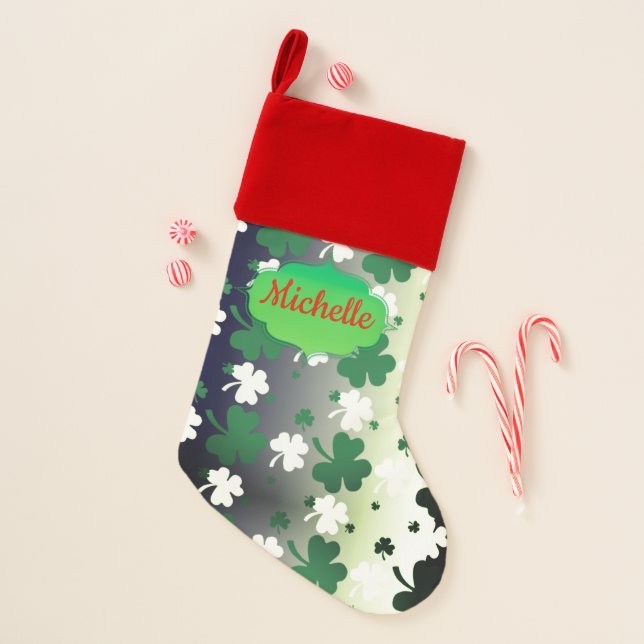 Shamrocks, Green and White on Gradated Field Christmas Stocking (Front)