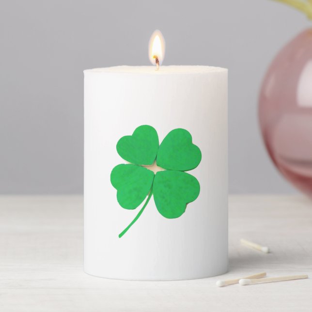 Shamrocks Green St. Patricks Day Pillar Candle (In Situ)