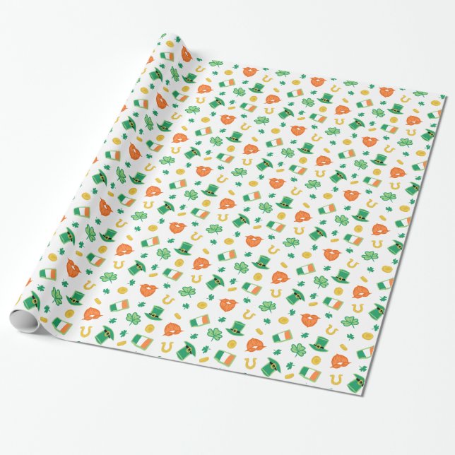 Shamrocks & Hats - St Patrick's Day Pattern Wrapping Paper (Unrolled)
