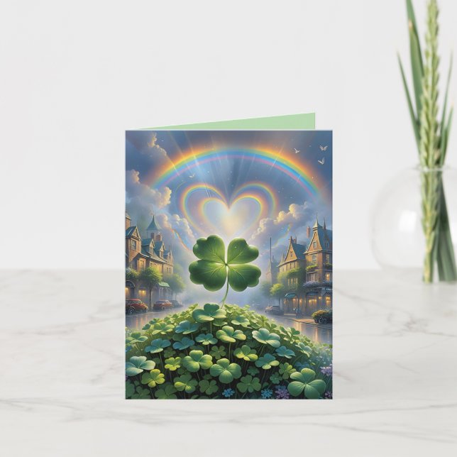 Shamrocks in a village with a rainbow in the sky holiday card (Front)