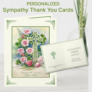 Shamrocks Irish Celtic Cross Pink Roses Condolence Letterpress Thank You Card