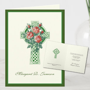 Shamrocks Irish Celtic Cross Red Roses Condolence Letterpress Thank You Card
