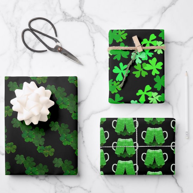 Shamrocks Irish Clover Green Beer Cheers Wrapping Paper Sheets (Front)