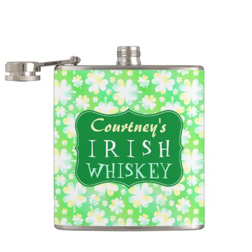 Shamrocks Irish Clover St Patricks Custom Whiskey Hip Flask