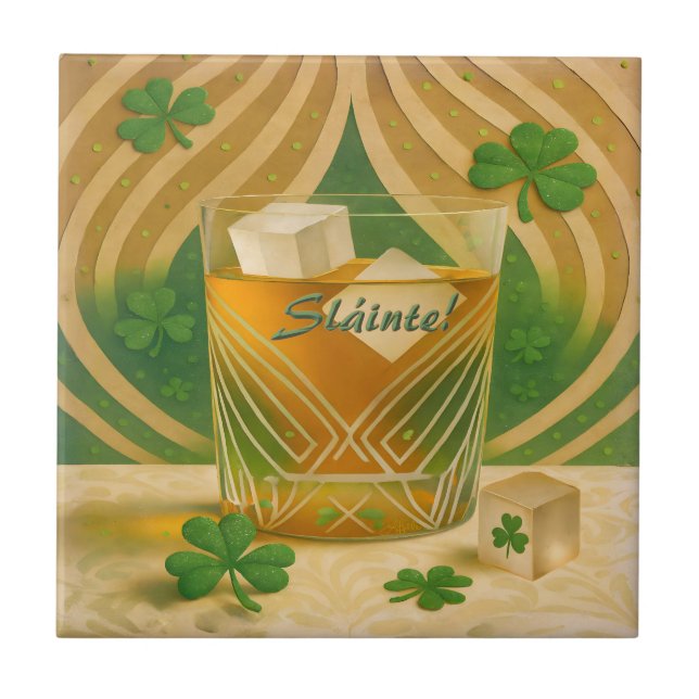 Shamrocks Irish Whiskey Tumbler "Sláinte!" Ceramic Tile (Front)