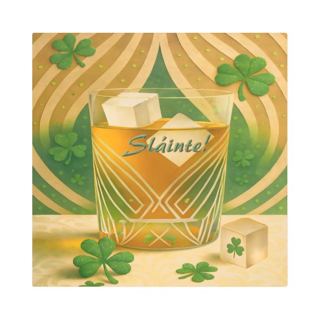 Shamrocks Irish Whiskey Tumbler "Sláinte!" Metal Print (Front)