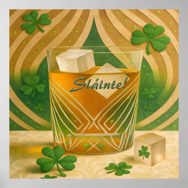 Shamrocks Irish Whiskey Tumbler "Sláinte!" Poster (Front)