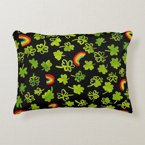 Shamrocks n Rainbows Watercolor Green Irish BLack Accent Pillow