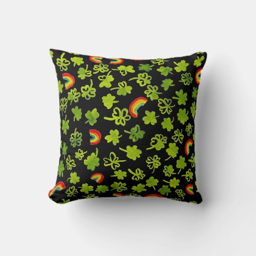 Shamrocks n Rainbows Watercolor Green Irish Black Throw Pillow