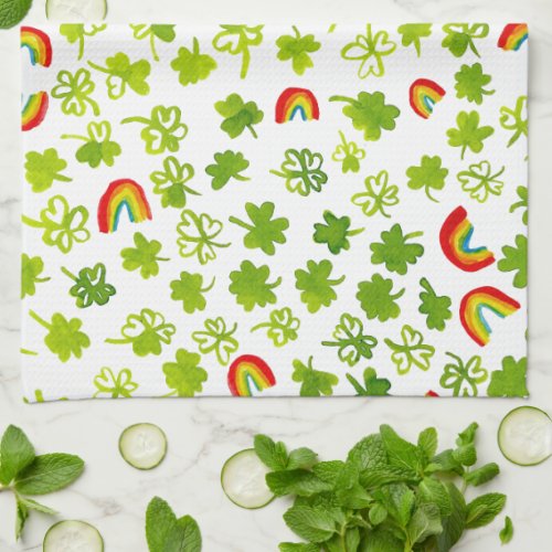 Shamrocks  Rainbows Watercolor Ireland St Pattys Kitchen Towel