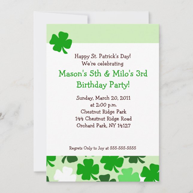 SHAMROCKS ST PATRICKS DAY 5x7 Birthday Invitation (Front)