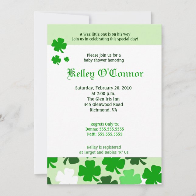 SHAMROCKS ST PATRICKS DAY GREEN Baby Shower Invitation (Front)