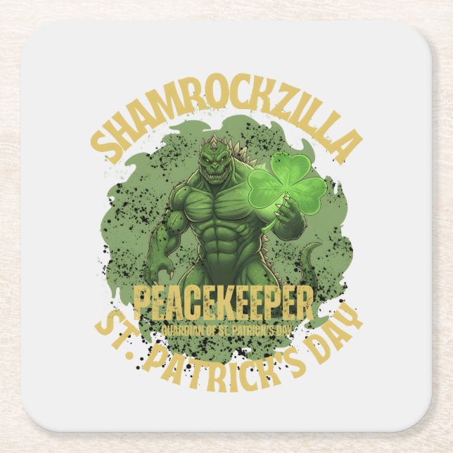 Shamrockzilla Peacekeeper: St. Patrick’s Day Kaiju Square Paper Coaster (Front)