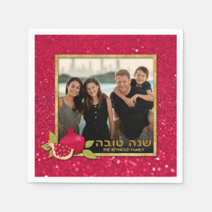 Shana Tova Gold Red Glitter Photo Pomegranate Napkins