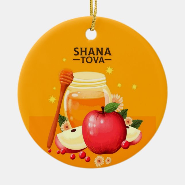 Shana Tova - Happy Jewish New Year Holiday Card Ceramic Ornament (Front)