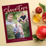 Shana Tova Rosh Hashana Jewish Holiday Photo Foil<br><div class="desc">This Rosh Hashanah holiday photo card features a deep burgundy red color background and the greeting "Shana Tova" in gold foil. This design accommodates three photos, one horizontal and two square photo. On the back you will find a coordinating tan background. Further customize this design by adding another photo and/or...</div>