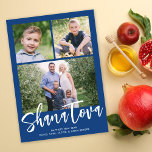Shana Tova Rosh Hashanah Multi-Photo Photo Holiday Card<br><div class="desc">This modern Rosh Hashanah photo card features a lovely blue color background with modern calligraphy script in white. The greeting on the front says "Shana Tova". It accommodates three photos (two square and one horizontal). On the back there is a coordinating blue background which can be removed or customized. Design...</div>