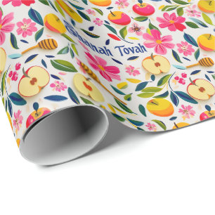 Shana Tova with apples and honey dropper Wrapping Paper