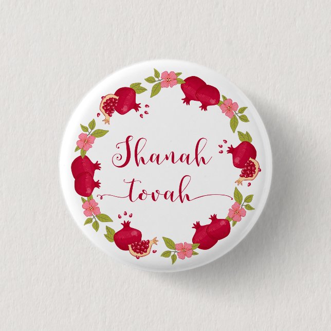 Shanah Tovah New Year Pomegranate Flower Wreath Button (Front)