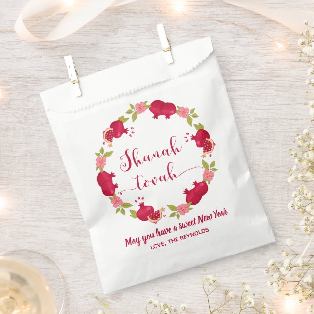 Shanah Tovah New Year Pomegranate Flower Wreath Favor Bag (Clipped)