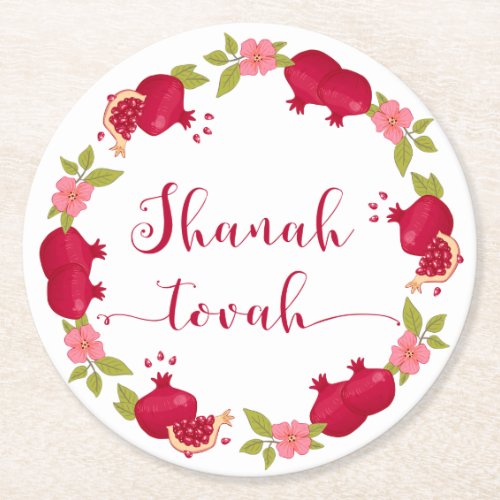 Shanah Tovah New Year Pomegranate Flower Wreath Round Paper Coaster