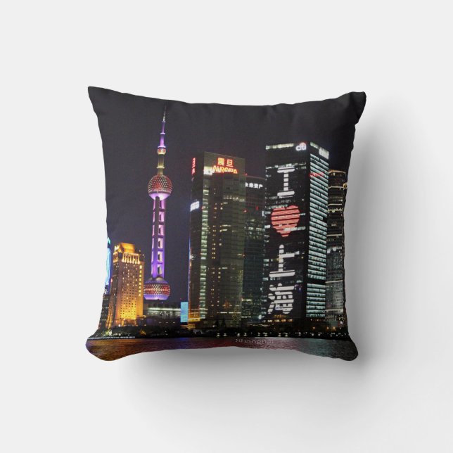 Shanghai at Night, colorful photograph, Throw Pillow (Front)