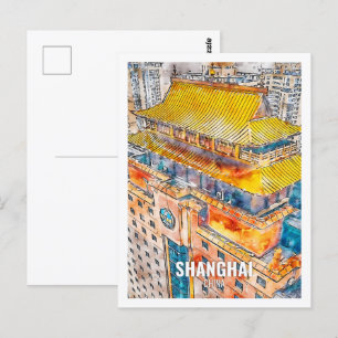 Shanghai China Famous Travel Place Watercolor Postcard