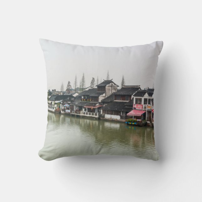 Shanghai, China, Mar 30, 2017, Wooden historic bui Throw Pillow (Front)