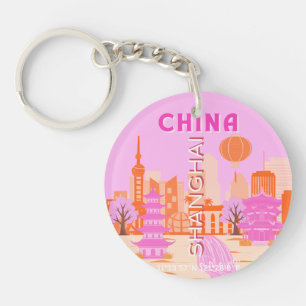 Shanghai China Pink Travel Art Keychain