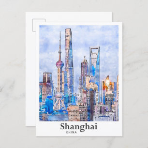 Shanghai China Travel Watercolor Sketch Hand Drawn Postcard