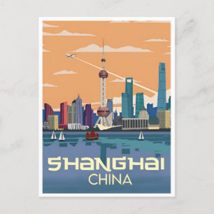Shanghai,China Vintage Chinese Travel city skyline Postcard