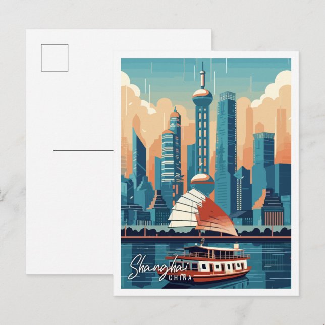 Shanghai China vintage travel illustration Postcard (Front/Back)