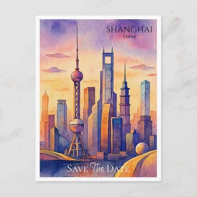 Shanghai China Watercolor Save the Date Postcard (Front)